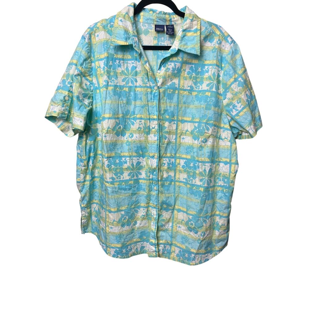 Tropical floral blue and yellow cotton button up top 2X women’s 90s Y2K